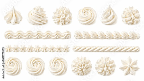 Whipped cream swirls and piping set, white frosting dollops and borders on white background, decorative cake topping elements for bakery design