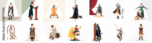Fotografija Collection of theatrical character illustrations featuring a woman in various dramatic poses and historical costumes