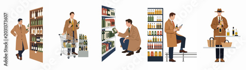 Fotografía Illustration of a well-dressed man in a trench coat shopping for wine and groceries in a supermarket, shown in multiple poses and scenes