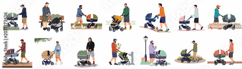 Flat vector illustrations of diverse fathers pushing baby strollers in various outdoor settings, showcasing modern parenting, active lifestyles, and fatherhood concepts.