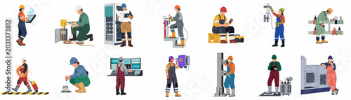 Flat vector illustration set of diverse industrial workers, engineers, and technicians performing maintenance, construction, and operational tasks in safety gear.