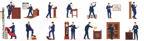 Photos Professional legal and investigative character set featuring a male lawyer or detective in various courtroom and mystery solving scenarios on white background