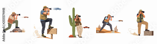Tableau sur toile Set of flat vector illustrations of professional outdoor photographers capturing fast-moving cars in a desert environment with telephoto lenses
