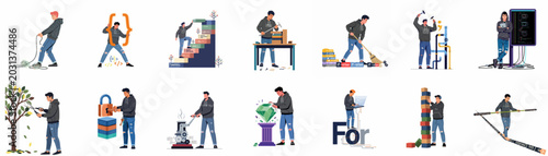 Tableau sur toile Set of vector illustrations featuring a male programmer performing various metaphorical tasks related to software development, coding, and system maintenance