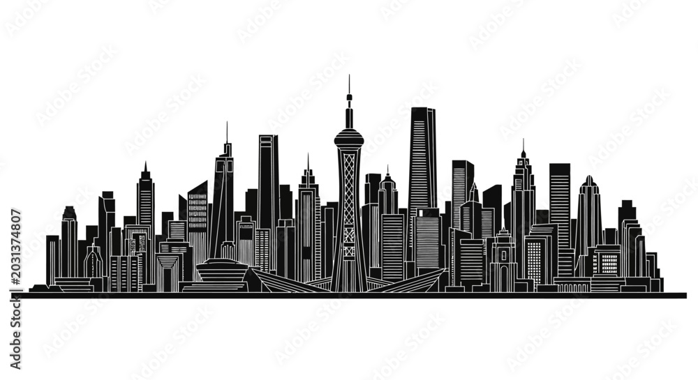 Obraz premium Shanghai City Skyline Silhouette Illustration, Modern Urban Concept