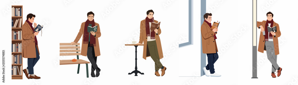 Obraz premium Set of illustrations depicting a young man in a brown coat reading a book in various urban environments like a cafe and park.