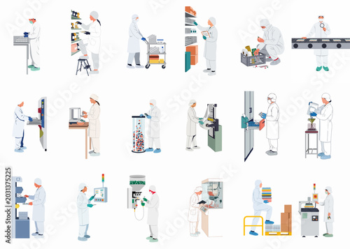Collection of flat vector illustrations showing pharmaceutical factory workers in protective gear performing various tasks in medicine production, packaging, and quality control.
