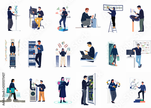 Comprehensive collection of flat vector illustrations depicting diverse professionals in science, technology, engineering, and data analysis fields.