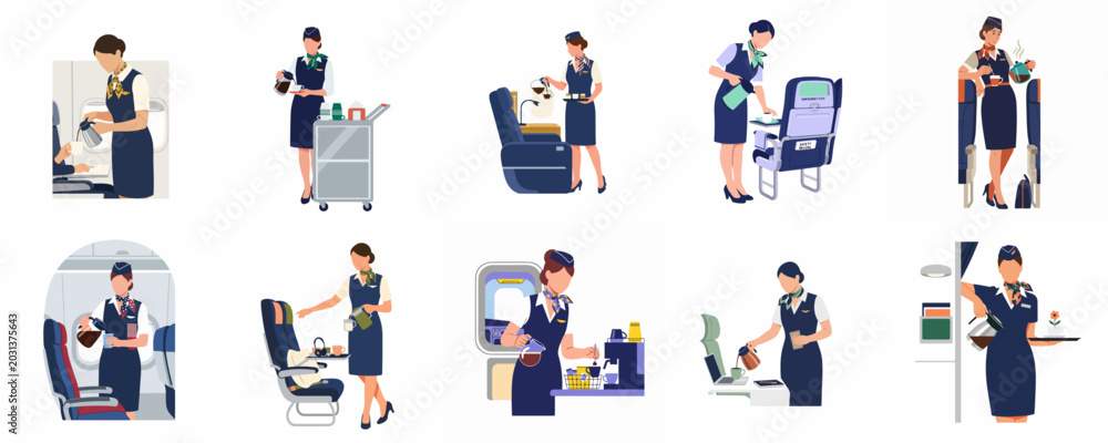 Fototapeta premium Flat vector illustration set of professional female flight attendants in uniform serving beverages and assisting passengers inside an airplane cabin.