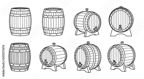 Wooden barrels collection black and white line art illustration