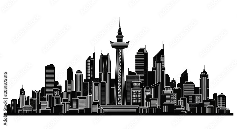 Obraz premium Black and white city skyline silhouette illustration