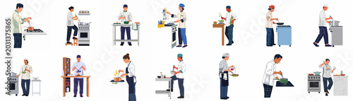 Photos Set of professional chefs in uniforms cooking and preparing food in restaurant kitchens, flat illustration collection on white background