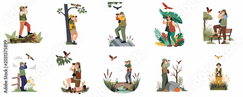 Quadro su tela A collection of birdwatching illustrations showing diverse people using binoculars to observe wildlife and birds in various outdoor and natural settings