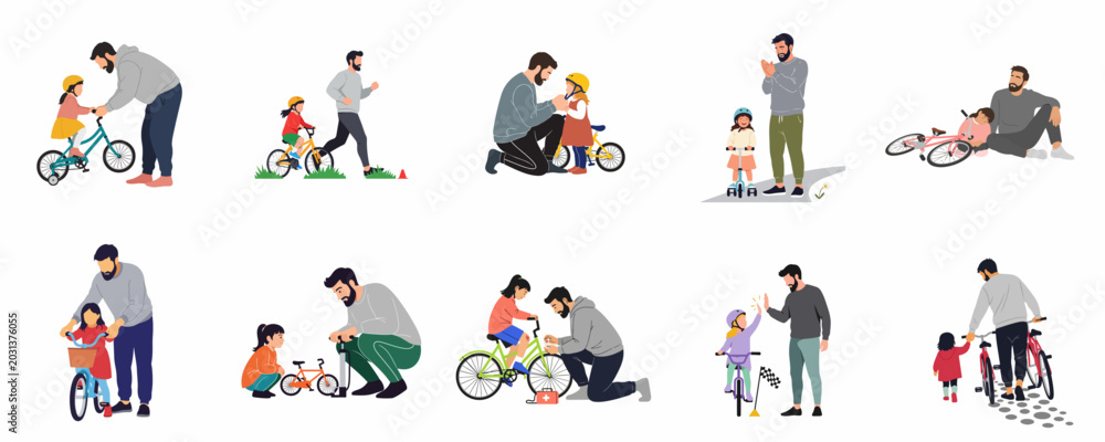 Fototapeta premium Set of illustrations depicting a father teaching his young daughter how to ride a bicycle and scooter, capturing moments of learning, support, and family bonding.