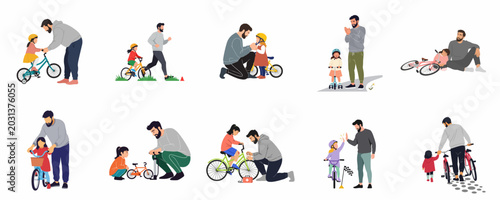 Photos Set of illustrations depicting a father teaching his young daughter how to ride a bicycle and scooter, capturing moments of learning, support, and family bonding