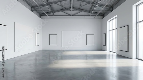 Modern art gallery interior with empty white frames on the walls