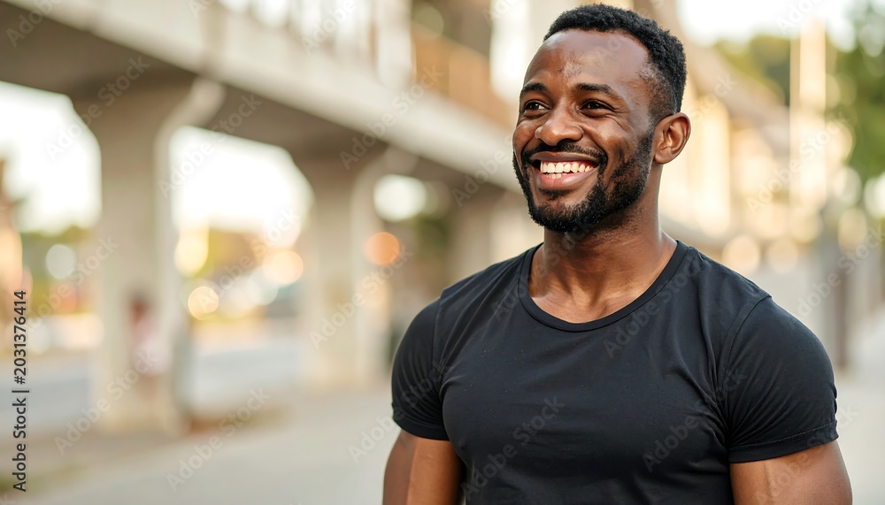 Fototapeta premium Smiling man with dark skin, wearing a black t-shirt, standing outside with a blurry background, looking off to the side