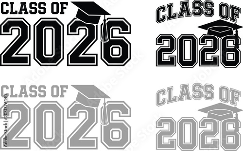 Photos Class of 2026 and 2028 graduation design elements with graduation caps and text