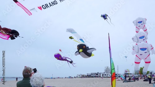 Colorful Novelty Kites Flying at Outdoor Grand Haven Kite Festival