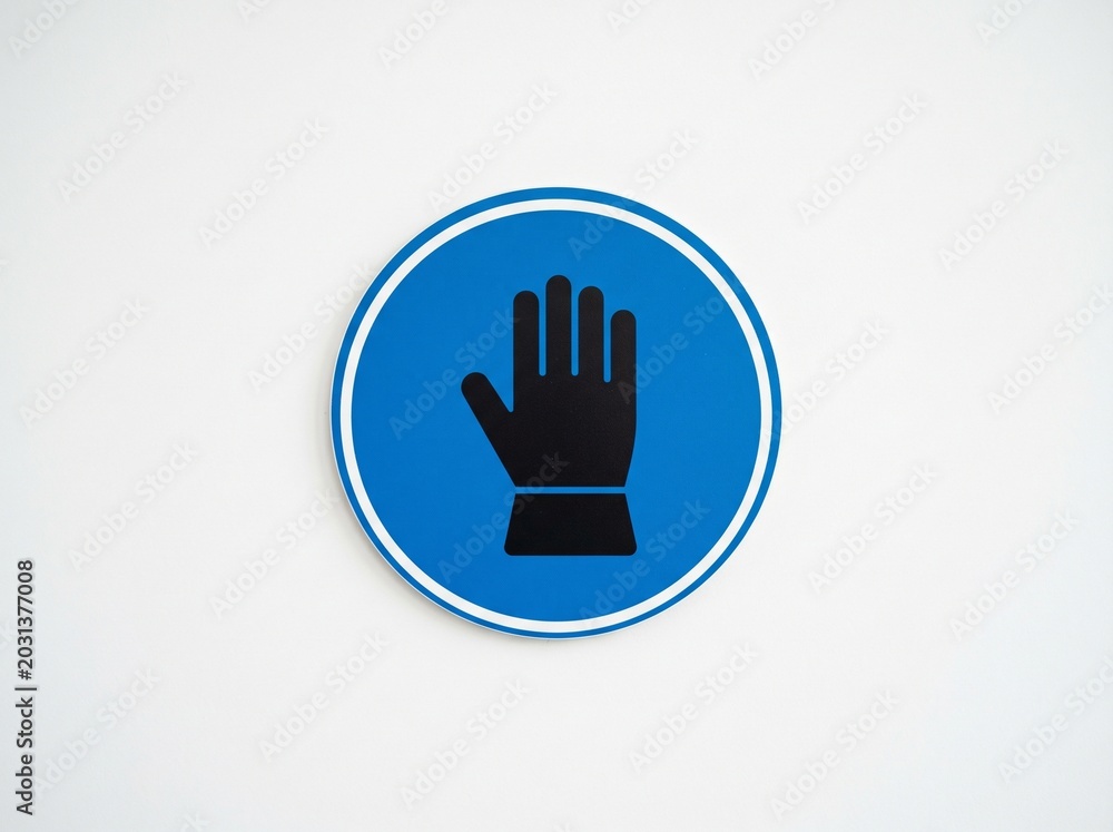 Obraz premium Protective gloves required sign with safety glove symbol on white background, suitable for laboratories, factories, workshops, and industrial safety areas.
