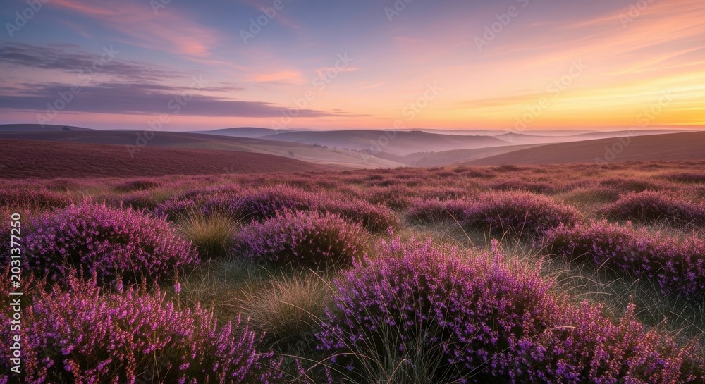 Obraz premium Rolling Hills Covered in Heather Under a Sunset Sky