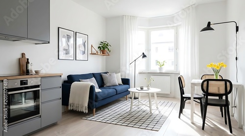 Modern scandinavian studio apartment interior with blue sofa and dining area