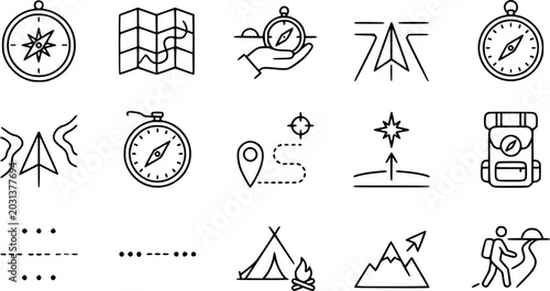 Tableau sur toile Black and White Line Art Icons of Travel and Adventure Symbols: Compass, Map, Ba
