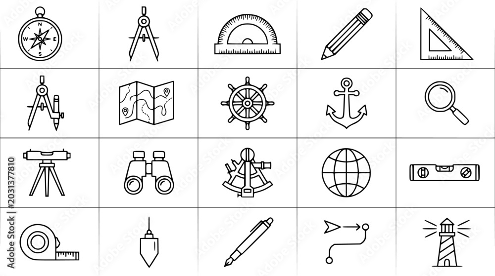 Fototapeta premium Black White Line Art Icons Set: Navigation, Surveying, Cartography Exploration Tools and Instruments Symbols