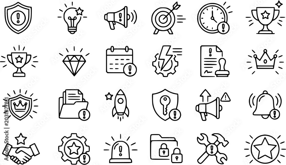 Fototapeta premium Essential Business, Technology Security Line Art Icons Set - Black and White Outline Symbols for Alerts, Success, and Important Information
