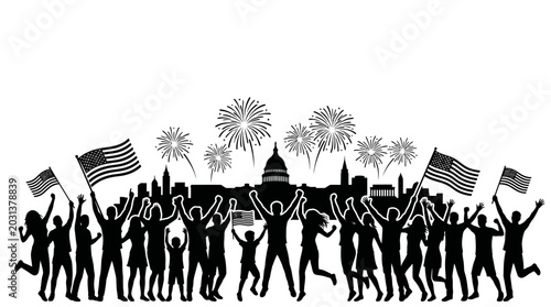 Fotografie Celebratory Crowd with Fireworks and City Skyline