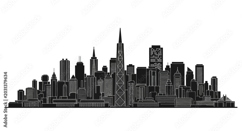 Fototapeta premium Black City Skyline Silhouette Vector Illustration