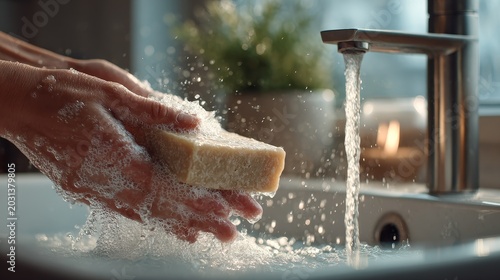 Close-up of hands washing with natural soap under running water in white ceramic sink with stainless steel faucet, soft daylight, detailed bubbles and droplets, clean hygiene concept