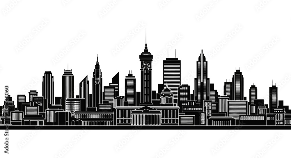 Obraz premium Black and white city skyline silhouette illustration