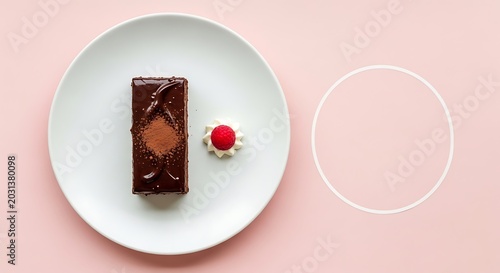 Gourmet chocolate cake slice on white plate, elegant dark cocoa dessert with raspberry garnish, minimalist food photography on pink background