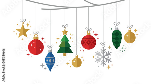 Colorful Christmas Ornaments Hanging with Sparkles