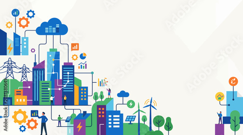 Colorful cityscape illustrating renewable energy transition