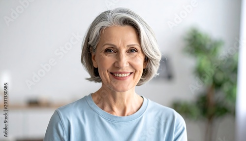 Smiling mature woman with short, gray hair, wearing light blue shirt, looks at camera against a blurred background