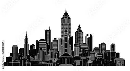 Black and white city skyline silhouette illustration