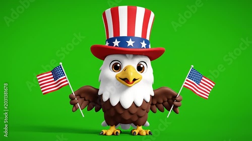 A cute cartoon bald eagle wearing an Uncle Sam hat and holding two American flags on a green screen background, representating Memorial Day, Veteran's Day, 4th of July, or other patriotic USA holiday.