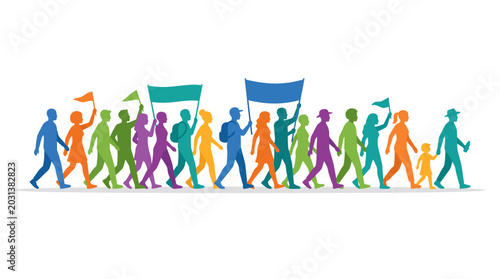Foto Colorful protest march with diverse crowd holding flags