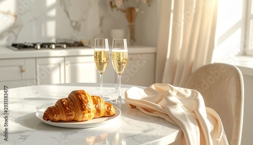 Croissants and champagne on a table near a sunny window in a kitchen during brunch time