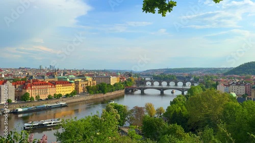 View of Prague bridges and Vltava river from a green hillside during daytime
