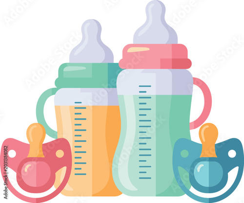 Foto Bottles with pacifier drink vector on white background.