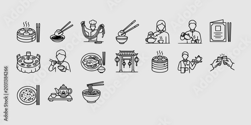 Fotografie Icon set collection of traditional Asian dining, featuring dim sum, noodle bowls, tea ceremonies, and authentic cultural restaurant atmosphere elements