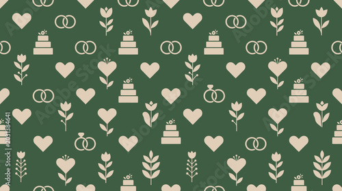 Tableau sur toile Seamless heart pattern with white icons on green background suitable for textiles and wallpaper design