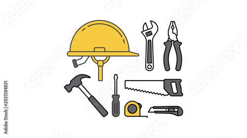 Bild auf Leinwand Construction Tools and Helmet on White Background