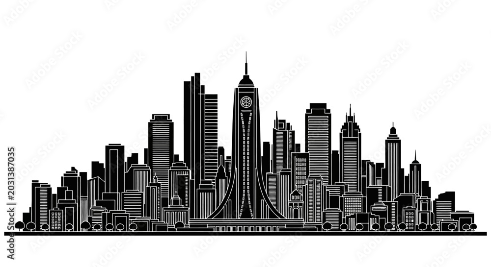 Fototapeta premium Black and white city skyline silhouette with skyscrapers