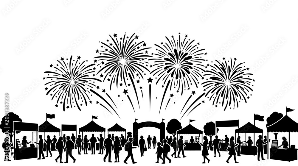Obraz premium Crowded festival scene with fireworks and stalls