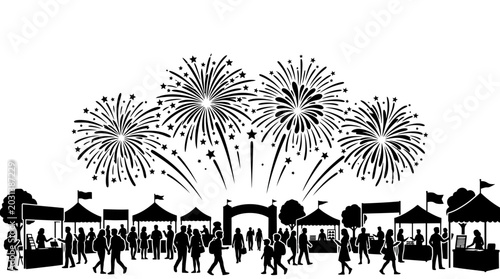 Tableau sur toile Crowded festival scene with fireworks and stalls