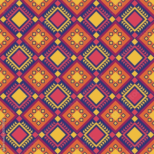Colorful Ethnic Geometric Seamless Pattern with Tribal Aztec Motifs in Bold Red Yellow and Blue Traditional Boho Textile Design Background for Fabric Wallpaper Packaging Decorative Ornament 